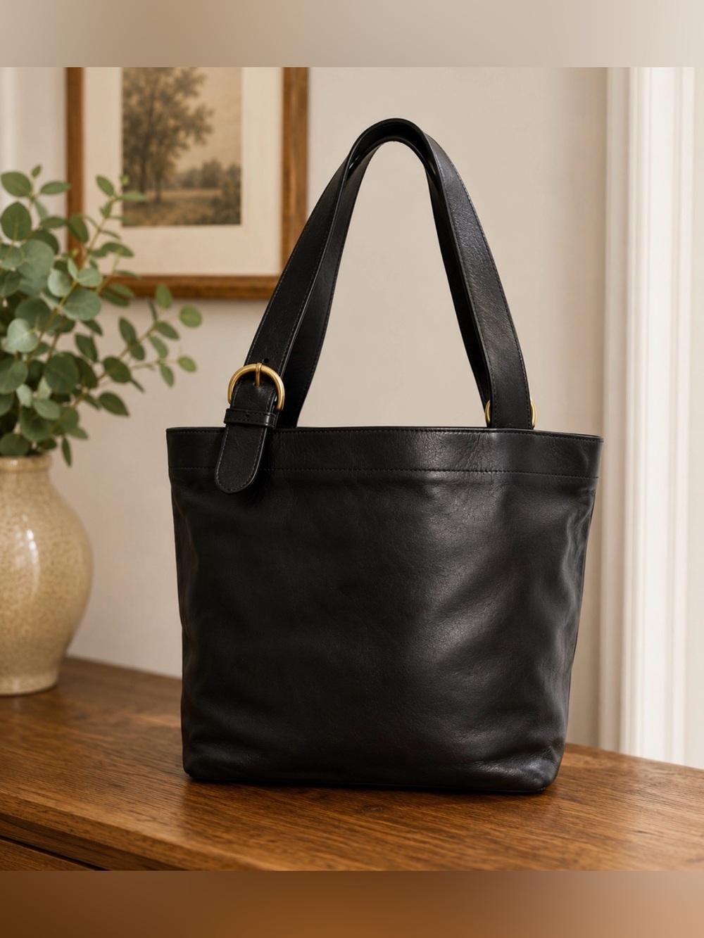 Coach vintage Lafayette Black Leather shoulder Tote with brass Buckle Strap 4140